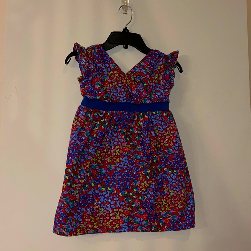 Floral Patterned dress - red & blue - SIZE 5. Overlap neckline